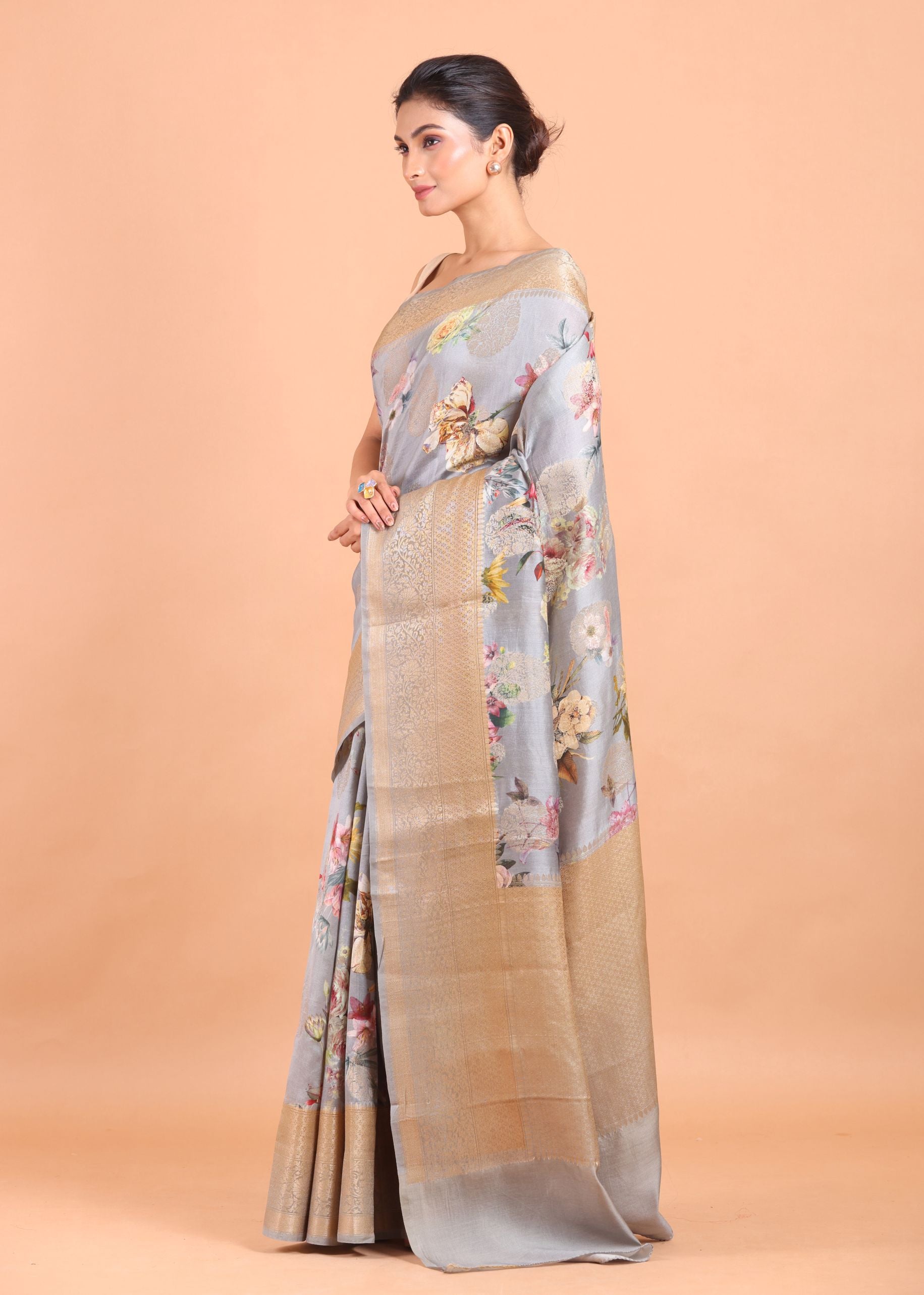 Grey Floral Printed Silk Saree with Golden Border front