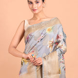 Grey Floral Printed Silk Saree with Golden Border close up