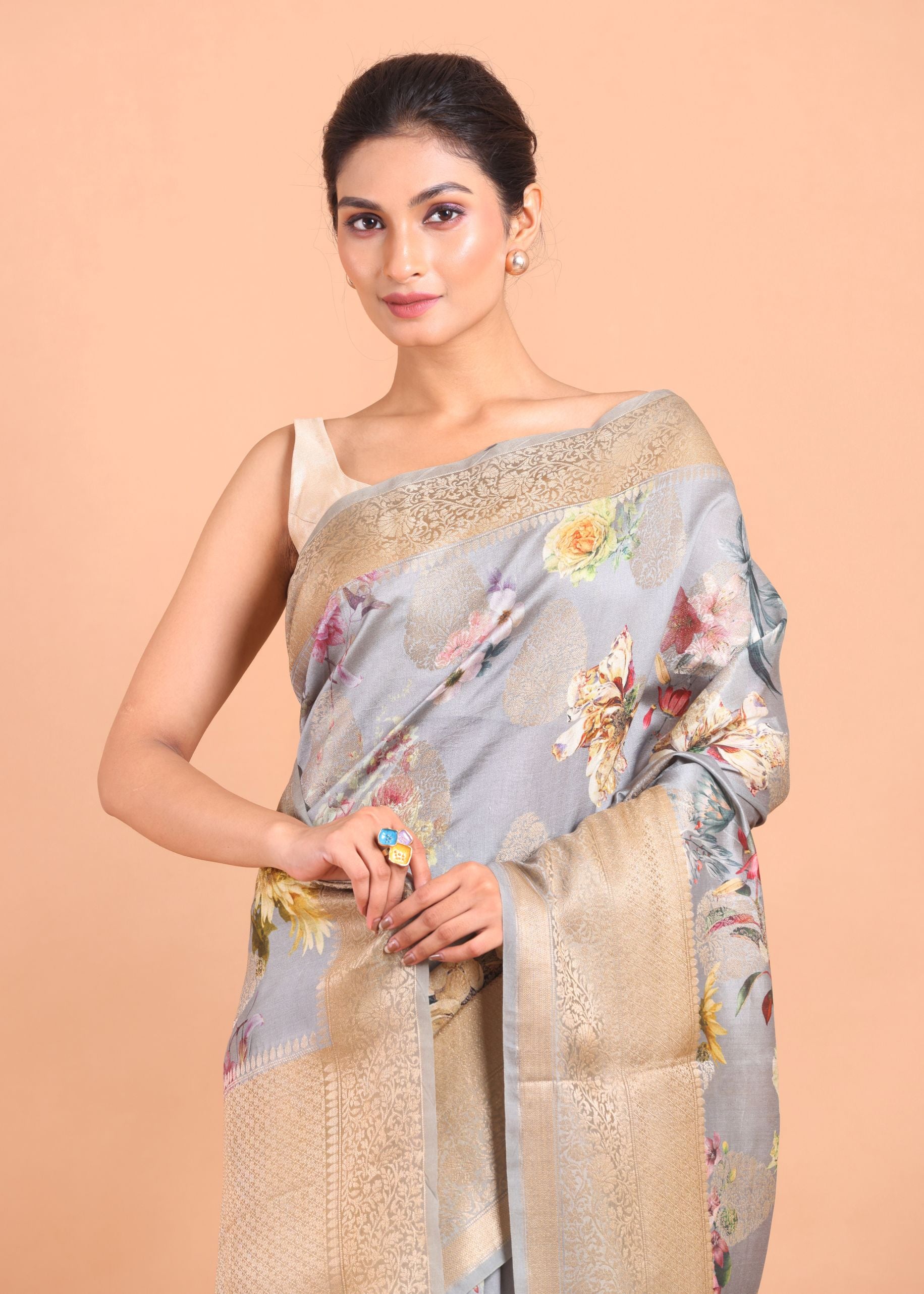 Grey Floral Printed Silk Saree with Golden Border close up