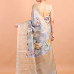 Grey Floral Printed Silk Saree with Golden Border back