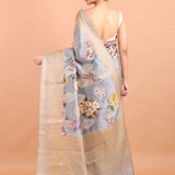 Grey Floral Printed Silk Saree with Golden Border back