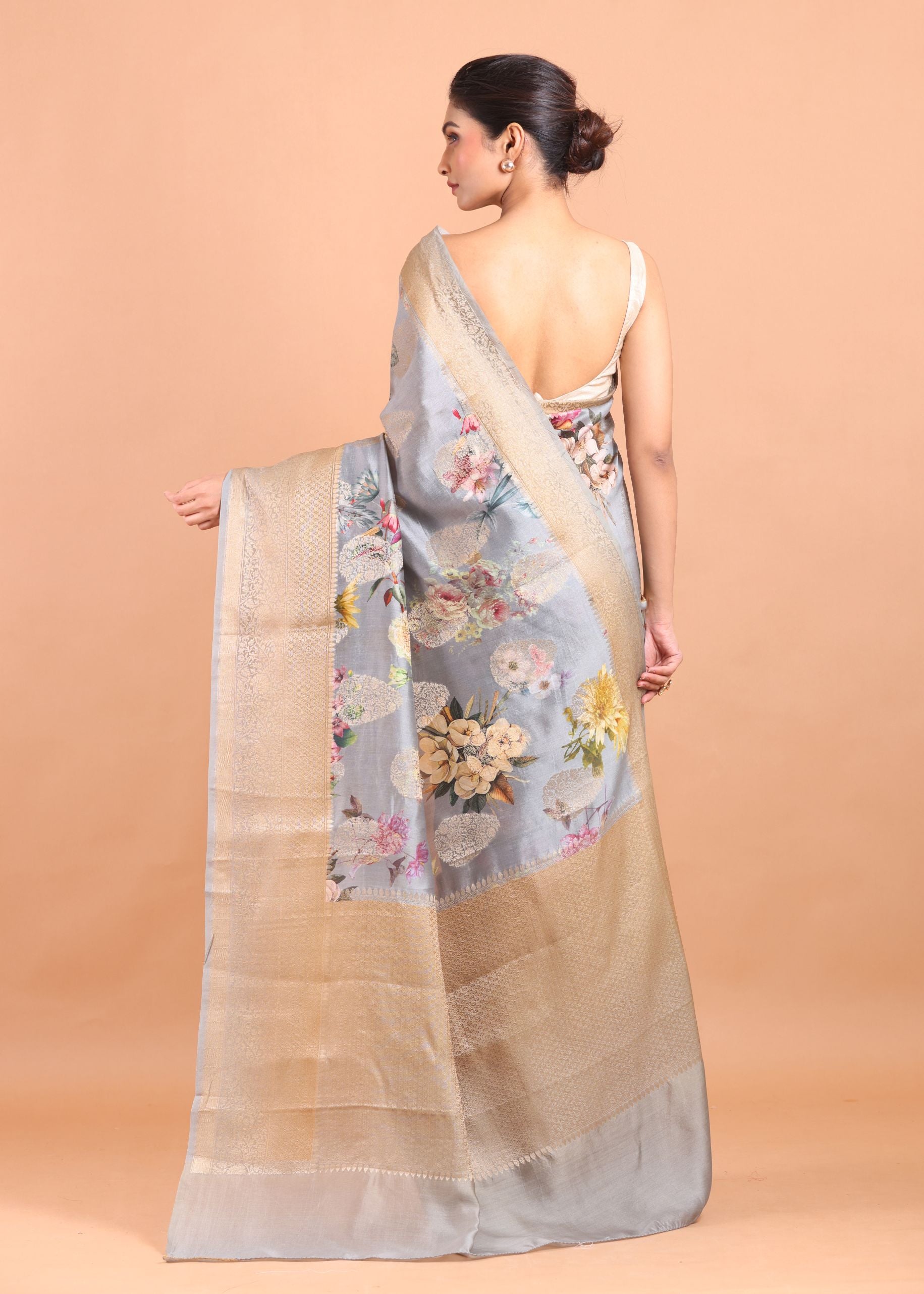 Grey Floral Printed Silk Saree with Golden Border back