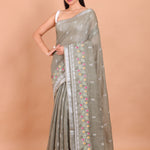 Grey Handloom Floral Hand Embroidered Saree full