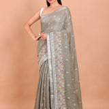 Grey Handloom Floral Hand Embroidered Saree full