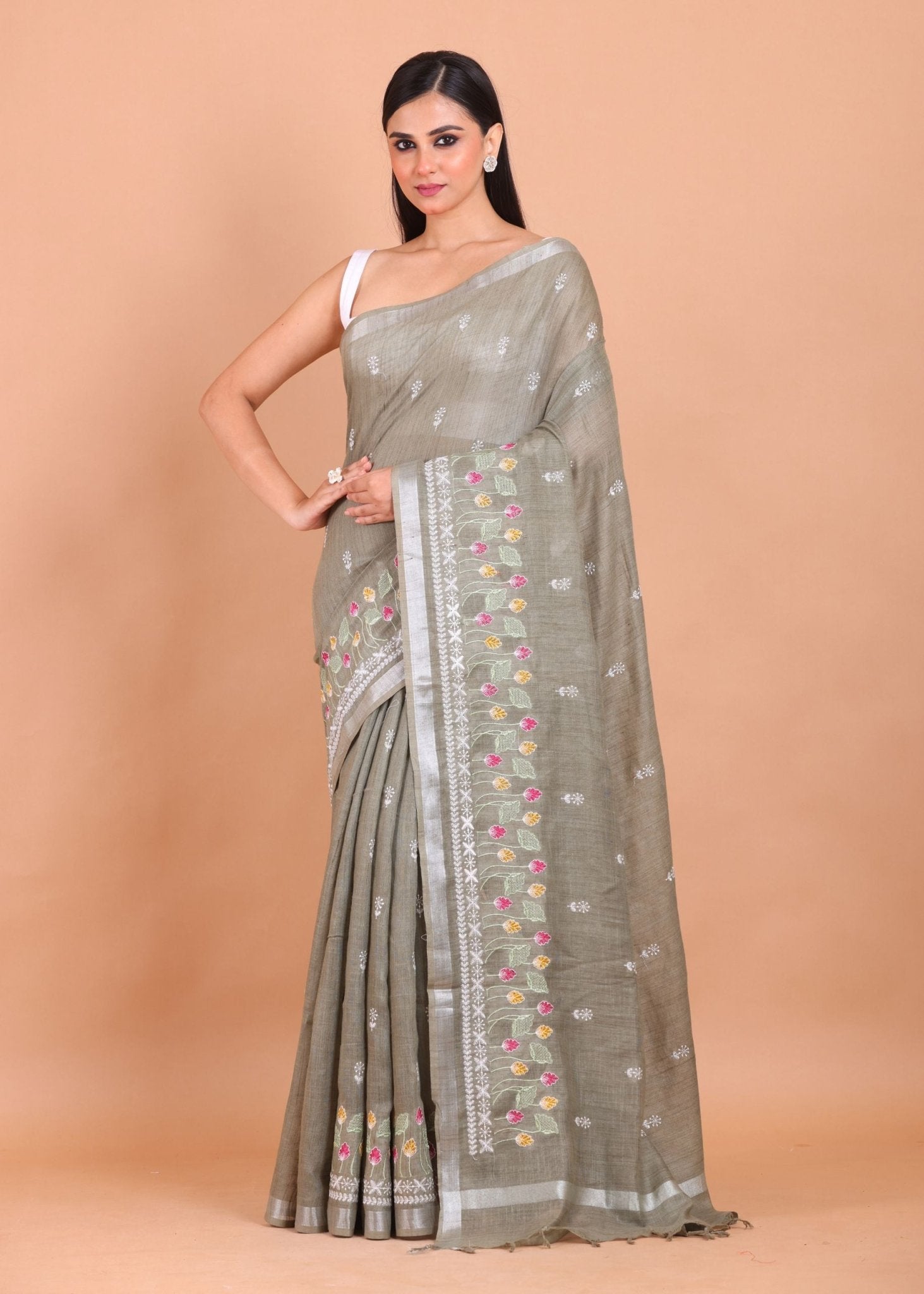 Grey Handloom Floral Hand Embroidered Saree - Anvi Couture