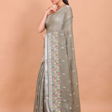 Grey Handloom Floral Hand Embroidered Saree front