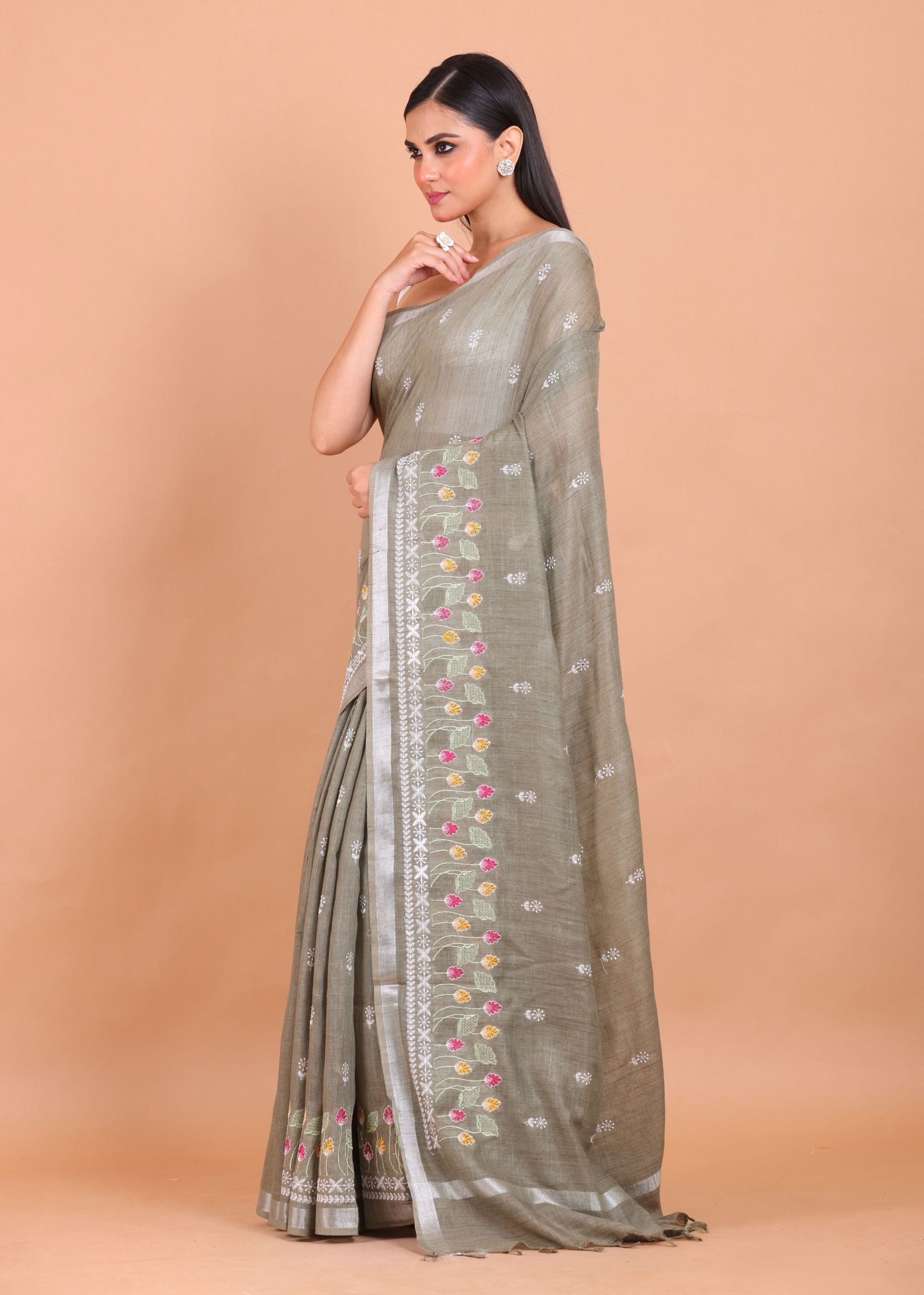 Grey Handloom Floral Hand Embroidered Saree front