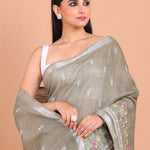 Grey Handloom Floral Hand Embroidered Saree close up
