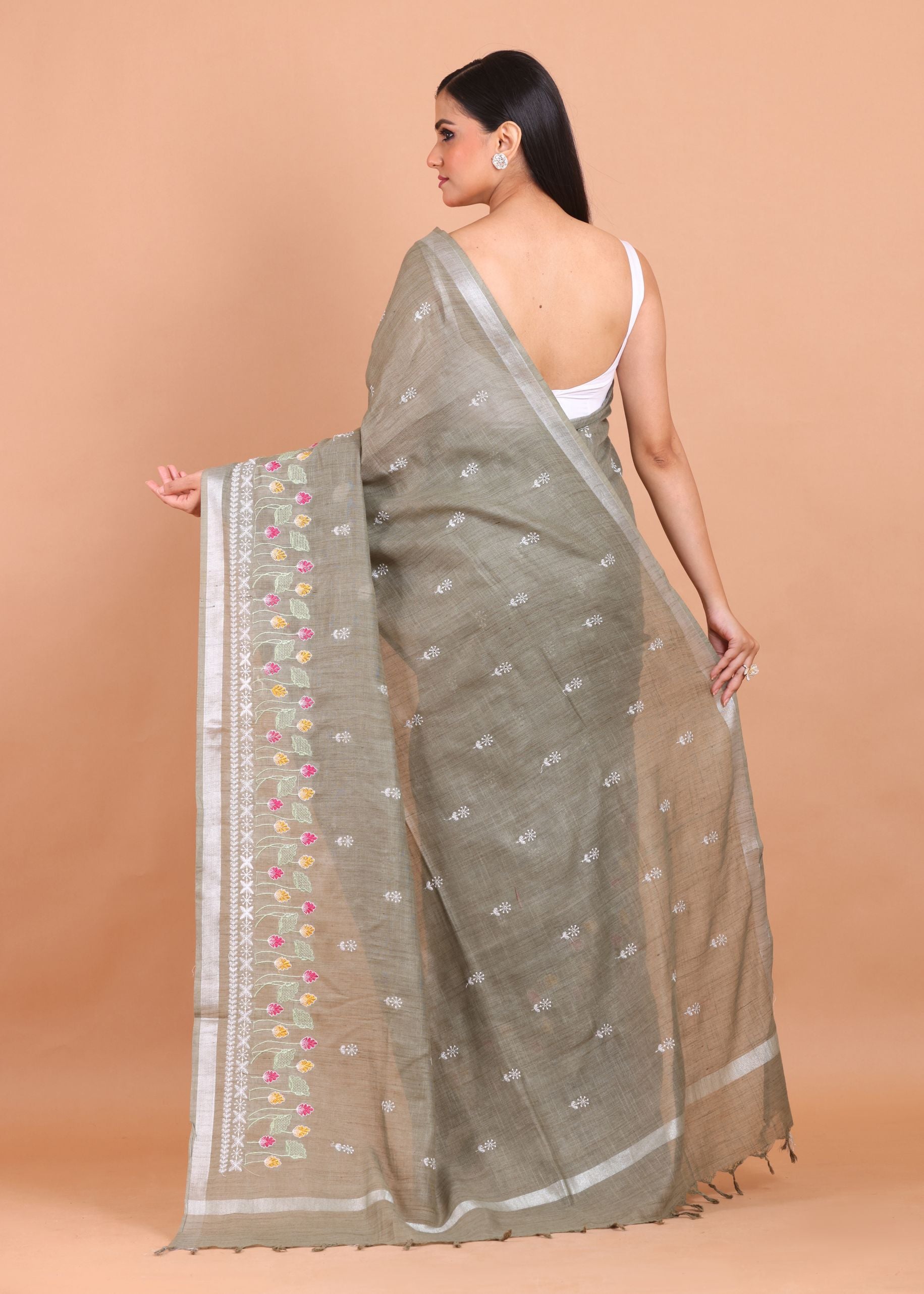 Grey Handloom Floral Hand Embroidered Saree back