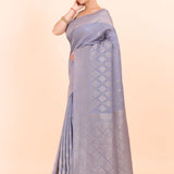 Grey Handloom Tissue Saree With Silver Border Side View