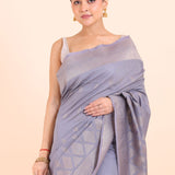Grey Handloom Tissue Saree With Silver Border Close Up View