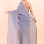 Grey Handloom Tissue Saree With Silver Border Back View