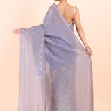 Grey Handloom Tissue Saree With Silver Border Back View