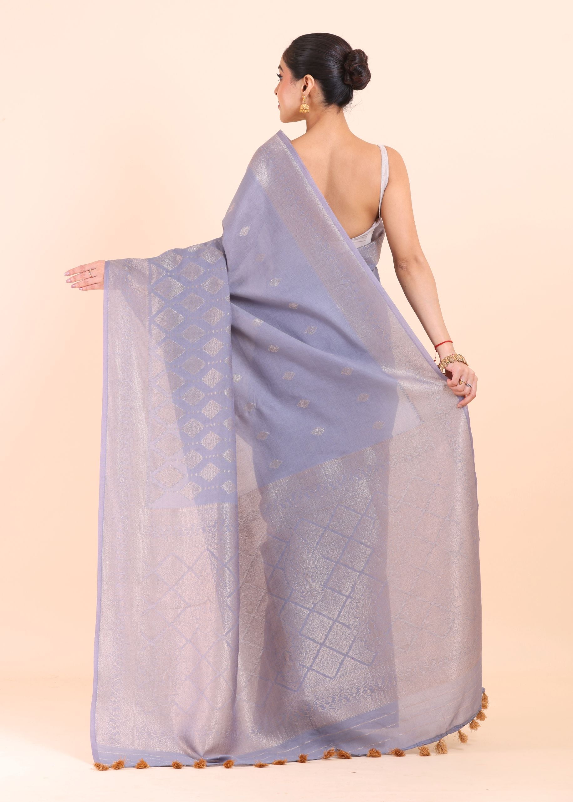 Grey Handloom Tissue Saree With Silver Border Back View