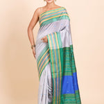 Grey Ikat Silk Saree With Green Border - Anvi Couture