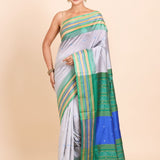 Grey Ikat Silk Saree With Green Border - Anvi Couture