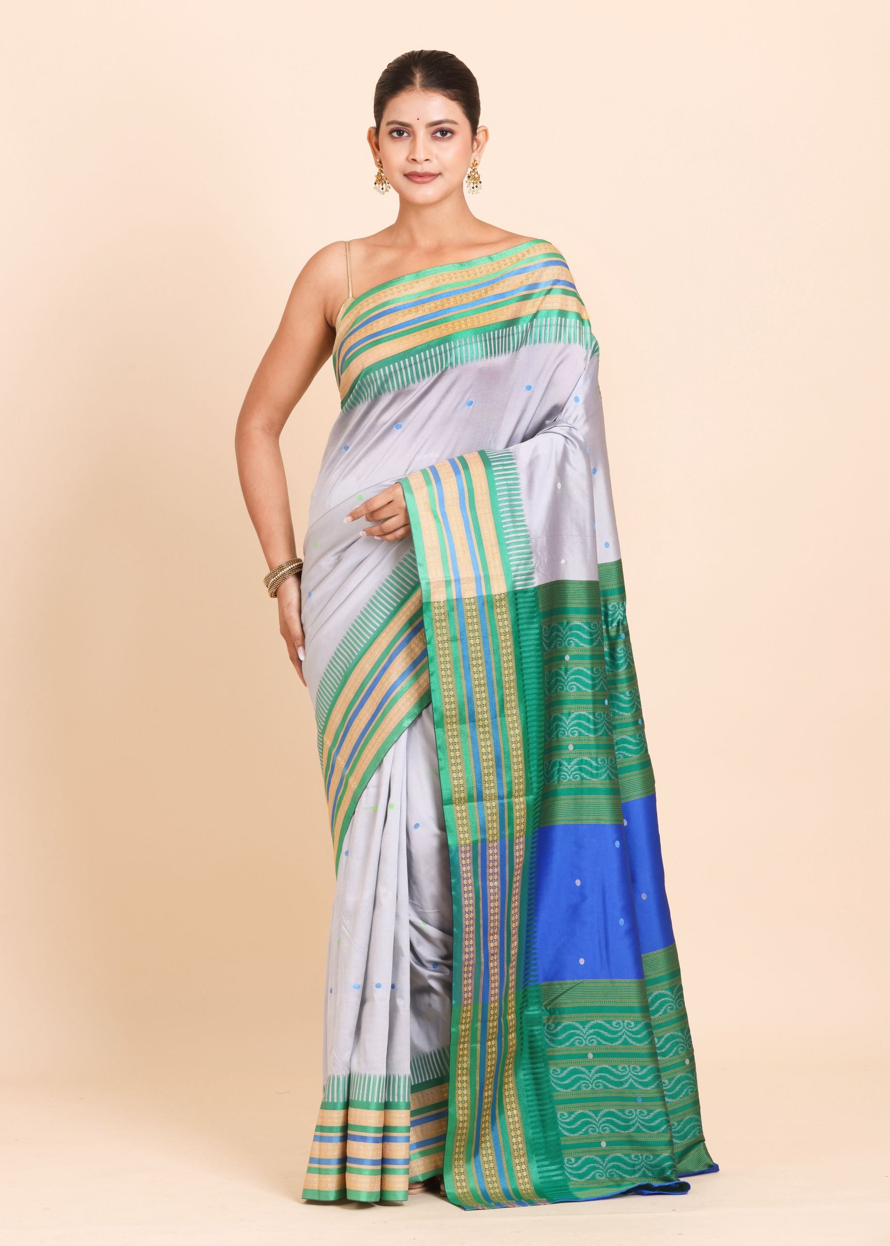 Grey Ikat Silk Saree With Green Border full