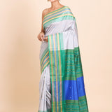 Grey Ikat Silk Saree With Green Border - Anvi Couture