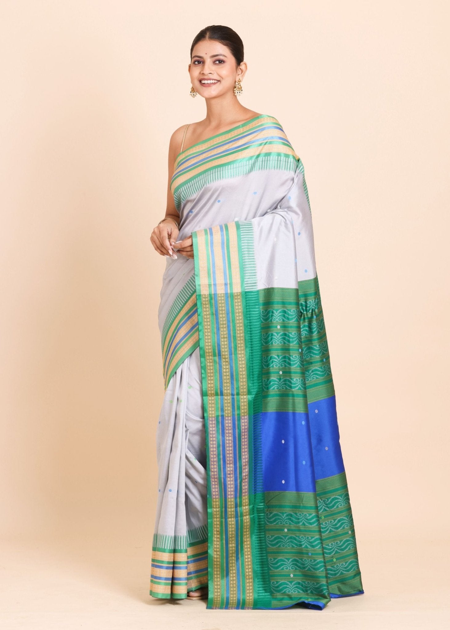 Grey Ikat Silk Saree With Green Border - Anvi Couture