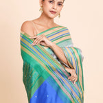 Grey Ikat Silk Saree With Green Border - Anvi Couture
