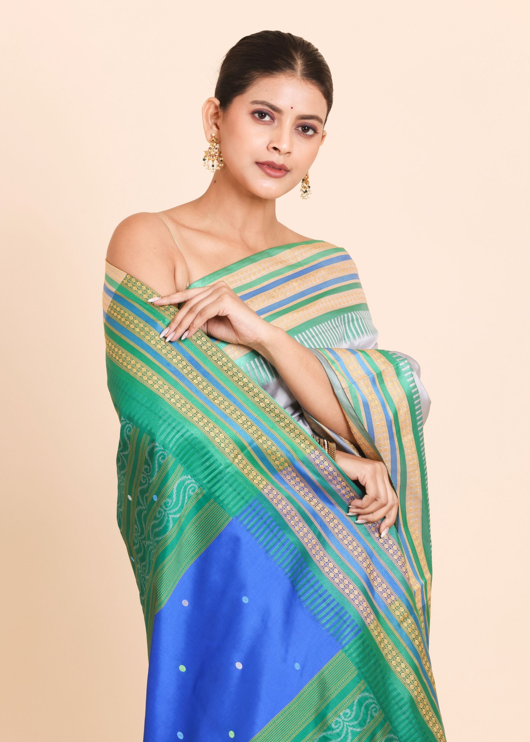 Grey Ikat Silk Saree With Green Border close up