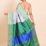 Grey Ikat Silk Saree With Green Border - Anvi Couture