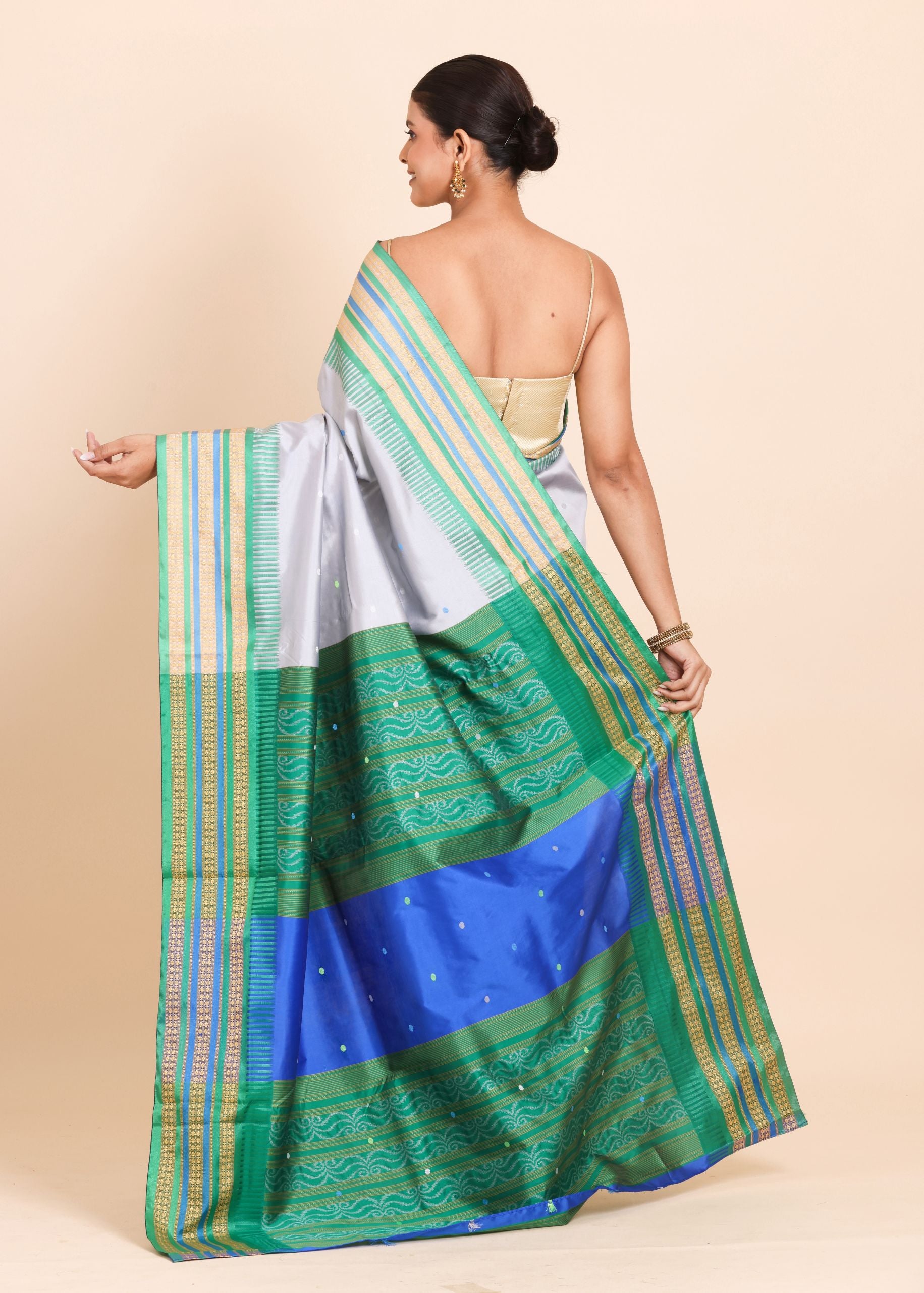Grey Ikat Silk Saree With Green Border back