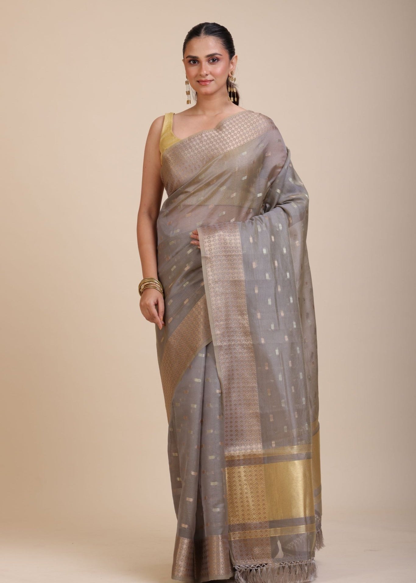 Grey Kota Silk Saree With Golden Border - Anvi Couture