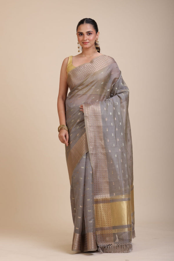 Grey Kota Silk Saree With Golden Border - Anvi Couture