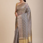 Grey Kota Silk Saree With Golden Border front