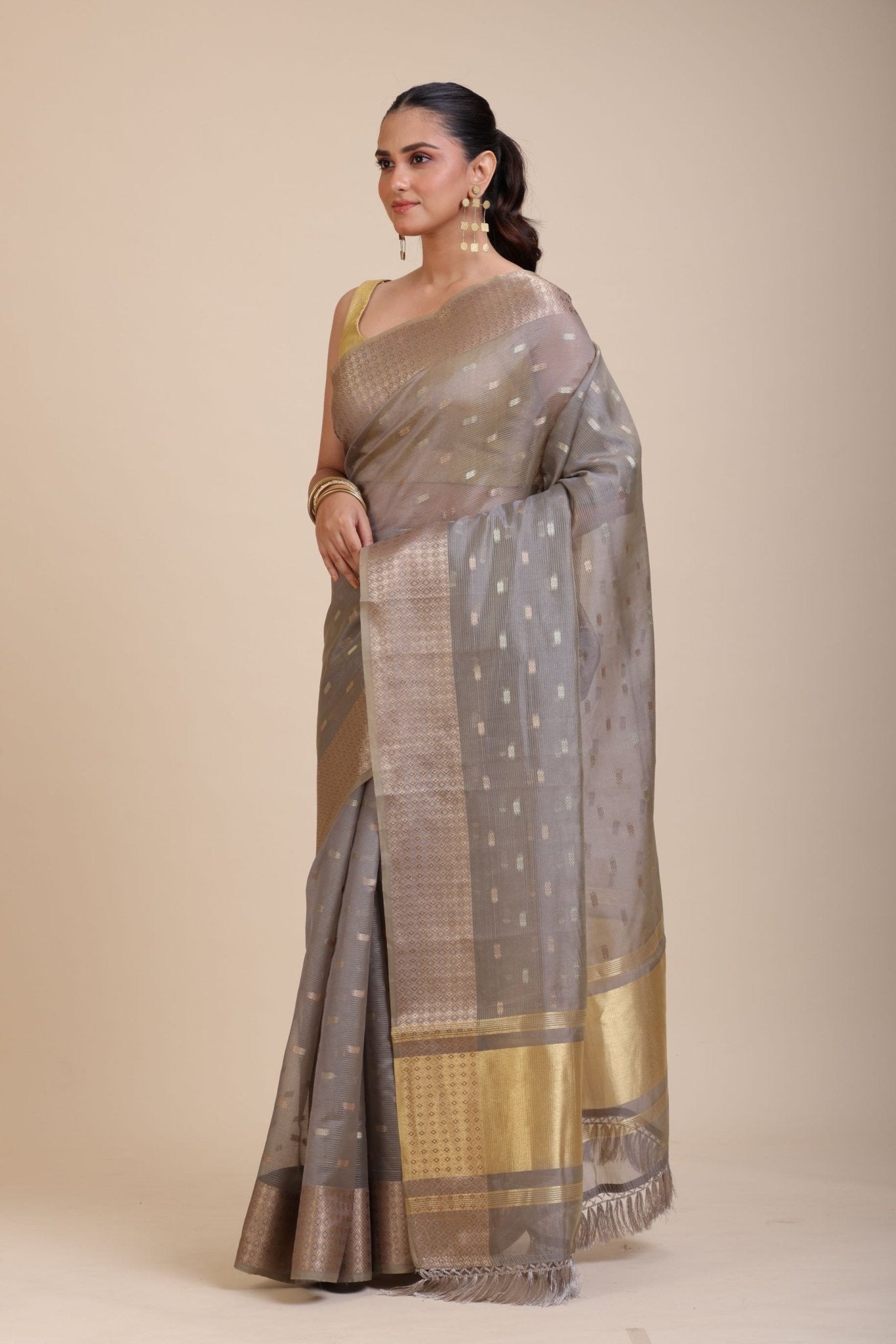 Grey Kota Silk Saree With Golden Border - Anvi Couture