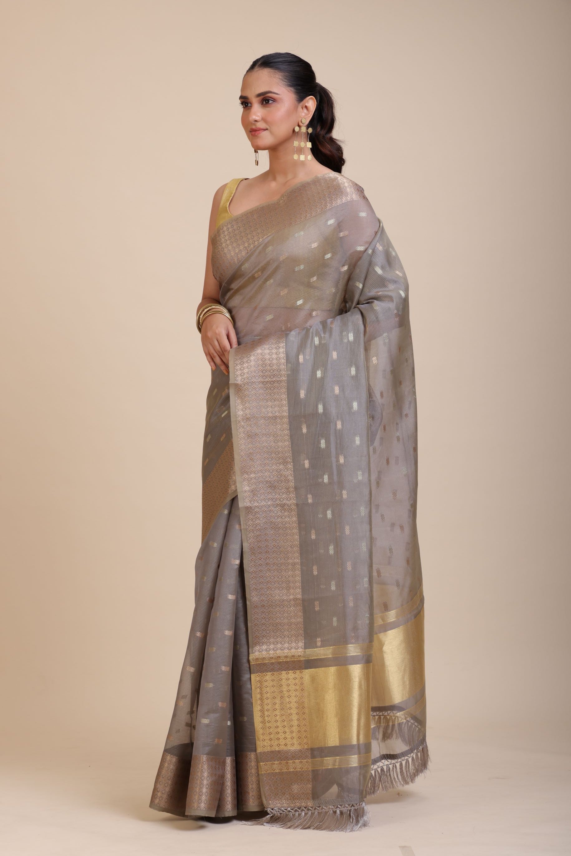 Grey Kota Silk Saree With Golden Border front