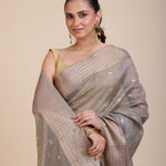 Grey Kota Silk Saree With Golden Border close up