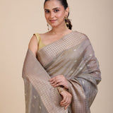 Grey Kota Silk Saree With Golden Border close up