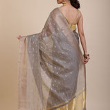 Grey Kota Silk Saree With Golden Border back