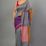 Gray Multicolored Pure Cotton Gamcha Saree - Anvi Couture