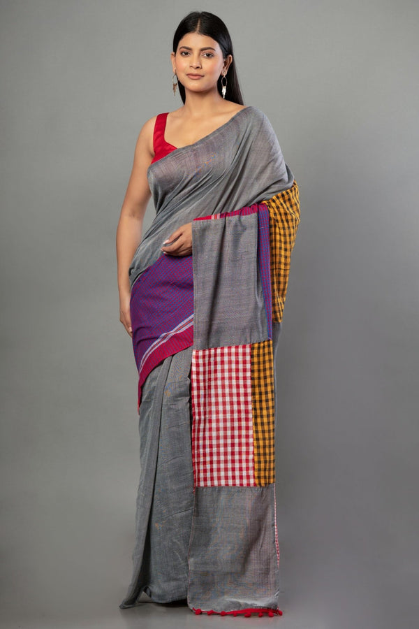 Gray Multicolored Pure Cotton Gamcha Saree - Anvi Couture