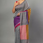 Gray Multicolored Pure Cotton Gamcha Saree - Anvi Couture