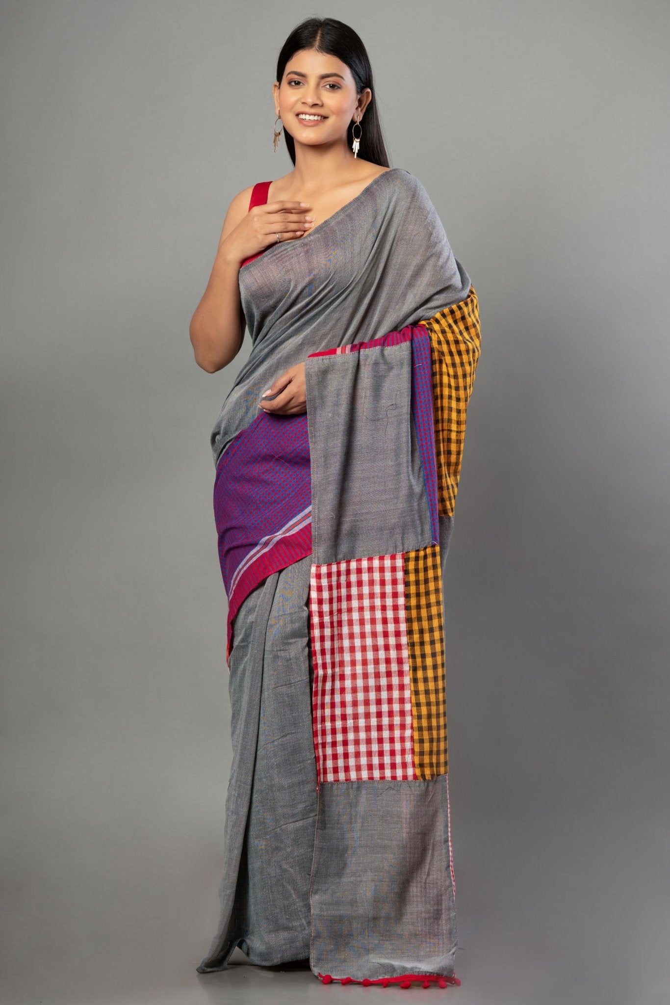 Gray Multicolored Pure Cotton Gamcha Saree - Anvi Couture
