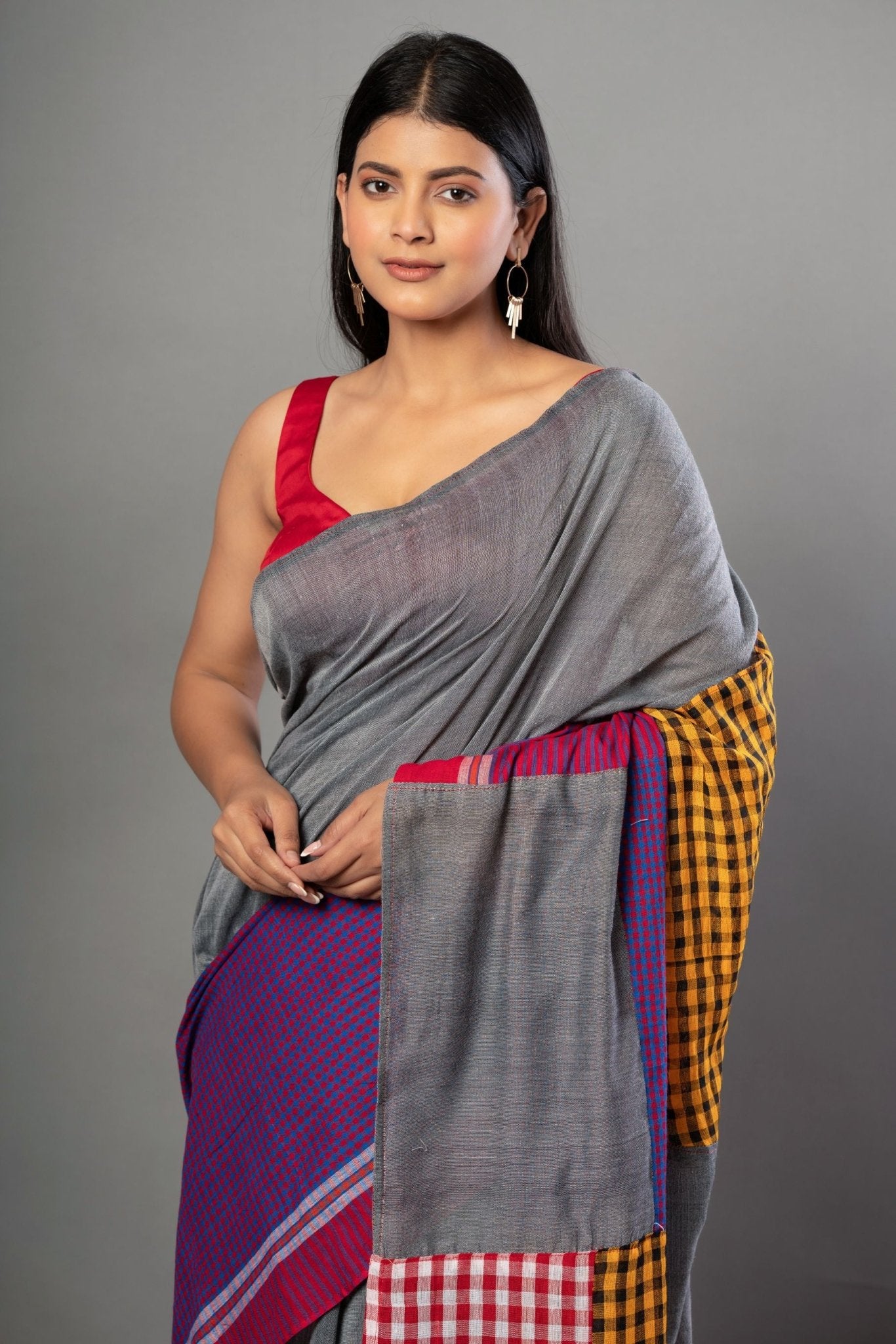 Gray Multicolored Pure Cotton Gamcha Saree - Anvi Couture