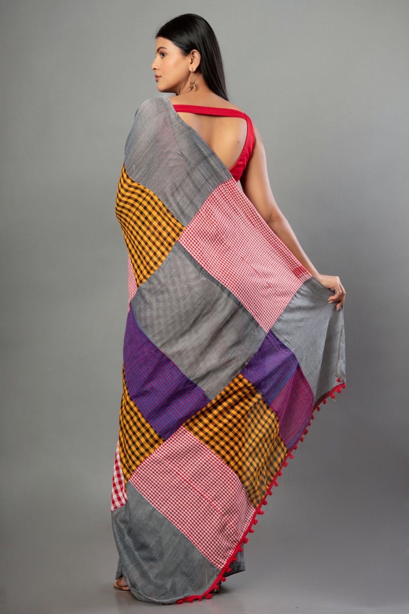 Gray Multicolored Pure Cotton Gamcha Saree - Anvi Couture
