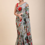 Grey Printed Crepe Silk Saree Full
