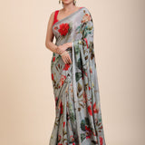 Grey Printed Crepe Silk Saree Full
