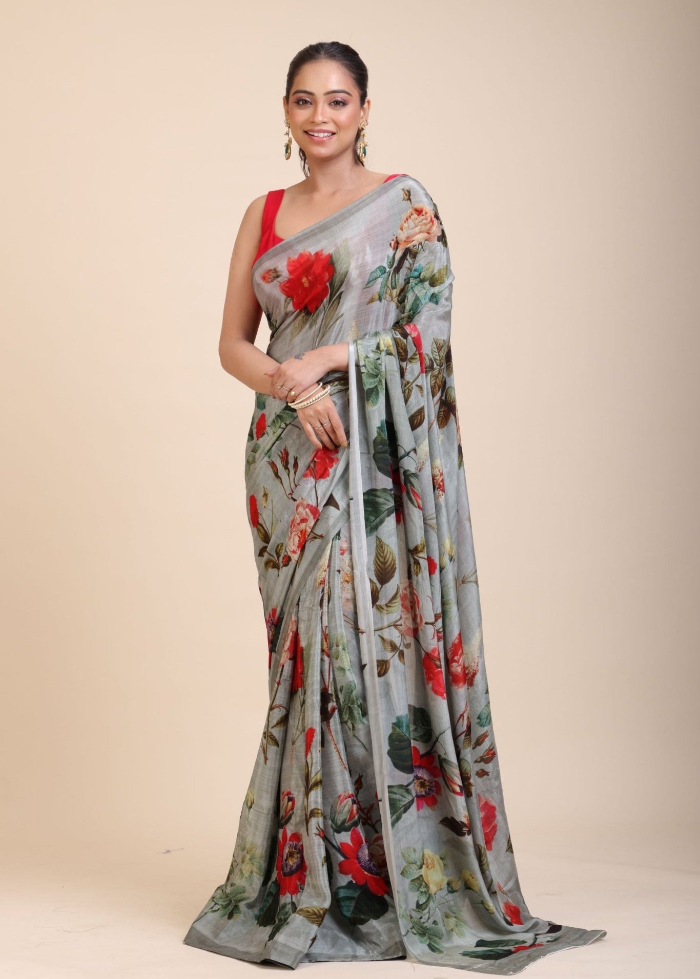 Grey Printed Crepe Silk Saree - Anvi Couture