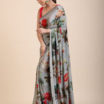 Grey Printed Crepe Silk Saree Front
