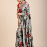 Grey Printed Crepe Silk Saree Front
