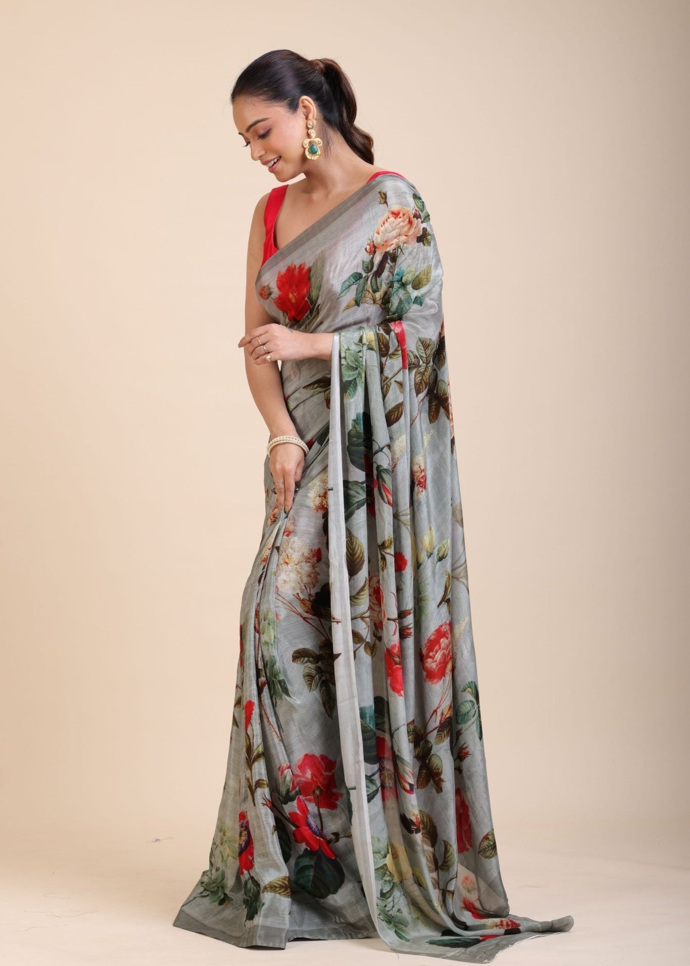 Grey Printed Crepe Silk Saree - Anvi Couture