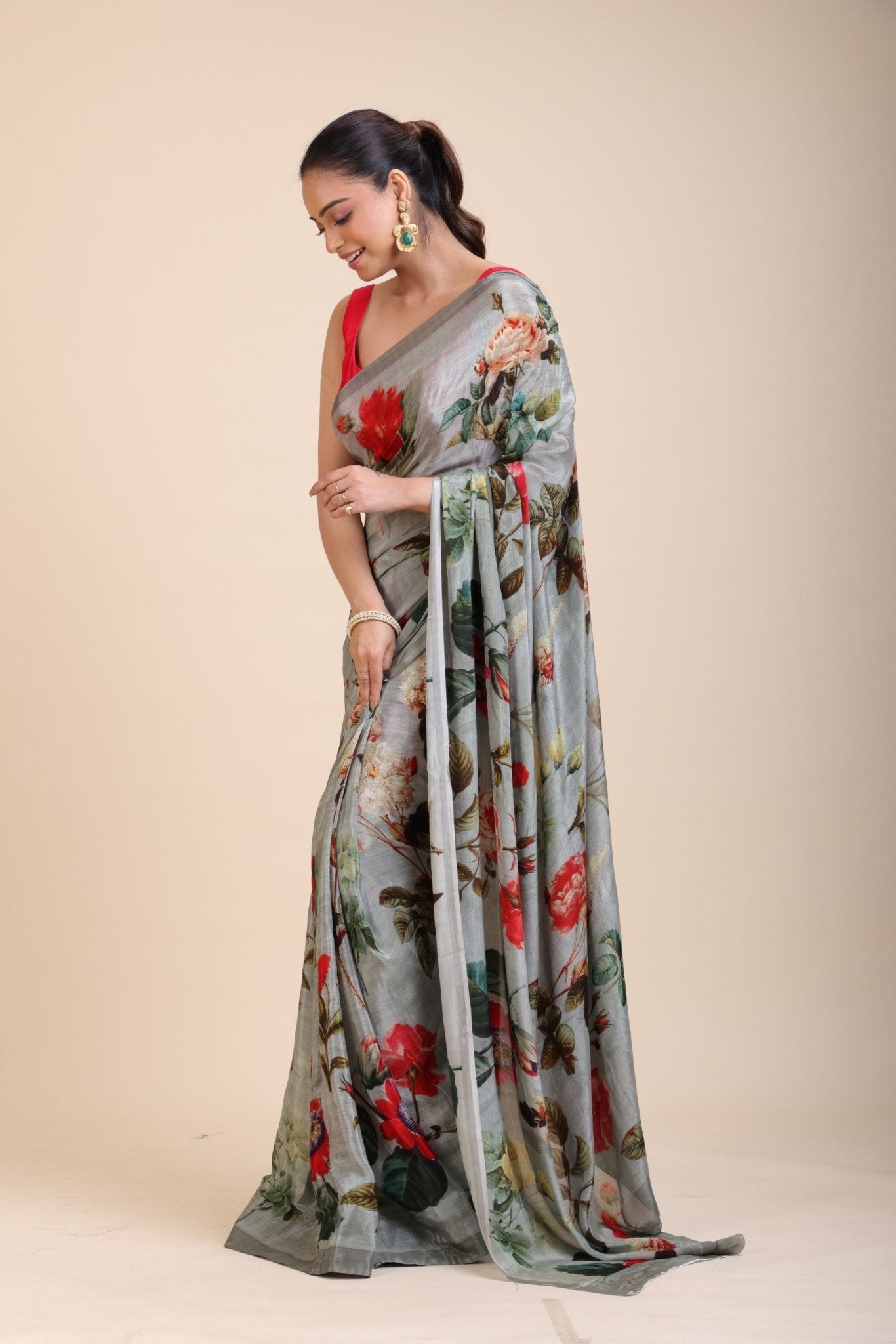 Grey Printed Crepe Silk Saree - Anvi Couture