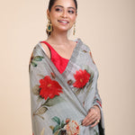 Grey Printed Crepe Silk Saree Close Up
