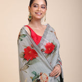 Grey Printed Crepe Silk Saree Close Up
